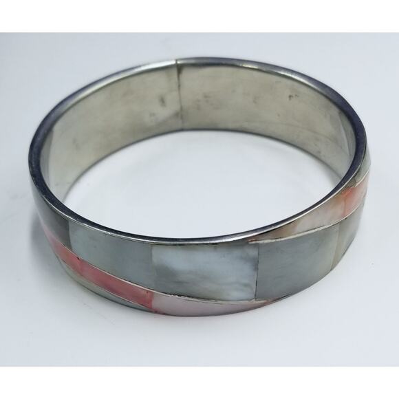 Vintage Gray & Pink Dyed Abalone Shells Silvertone Bangle Bracelet1970s E543 - Picture 4 of 4
